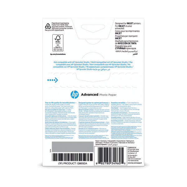 HP Q8692A 10 x 15 cm Advanced Glossy Photo Paper, Borderless, 250 GSM, 100  Sheets