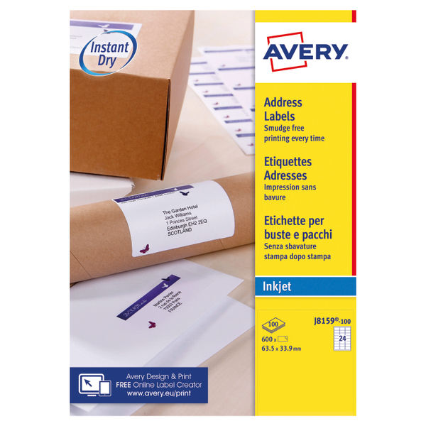 Avery Quick Dry White Inkjet Address Labels 24Labels/Sheet 63.5X33 (Box of 100 Sheets) | J8159-100