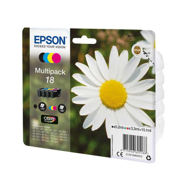 Epson 18 Colour and Black Ink Cartridge Multipack (Pack of 4) C13T18064012