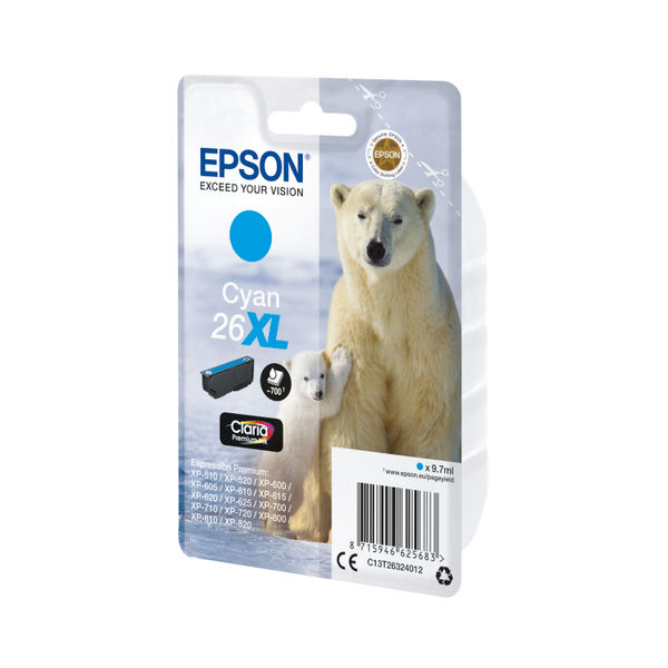 Epson 26XL Ink Cartridge Premium Claria Polar Bear Cyan C13T26324012