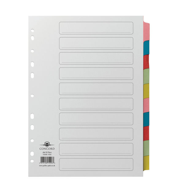 Concord Divider 10-Part A4 Multicoloured Tabs with Contents 72098/PJ20