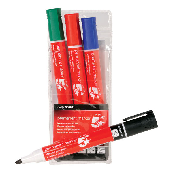 5 Star Office Permanent Marker Xylene/Toluene-free Smear Proof Bullet Tip Ast (Pack of 4)