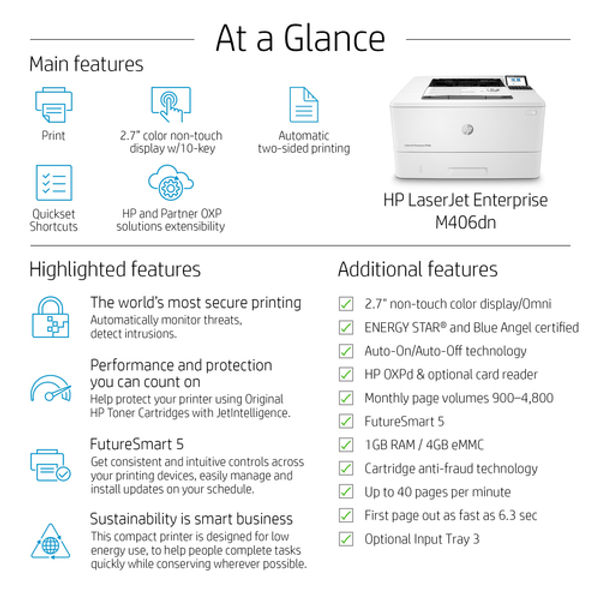HP LaserJet Enterprise M406dn A4 Mono Laser Printer 3PZ15A#B19