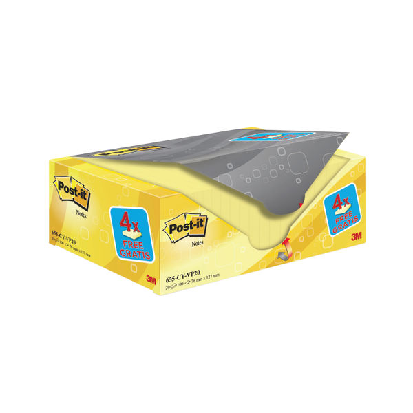 Post-it Notes 76x127mm Canary Yellow VALUE PACK 4 FREE Pads (Pack of 20) 655CY-VP20