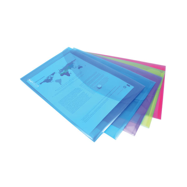 Rapesco Eco Recycled Popper Wallet A4+ Assorted Bright Transparent (Pack of 5) 0688