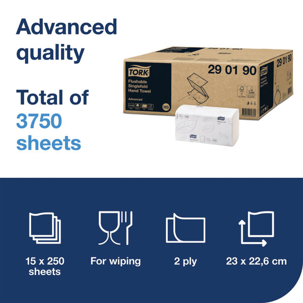 Tork Singlefold Hand Towel H3 Flushable White 250 Sheets (15 Pack) 290190