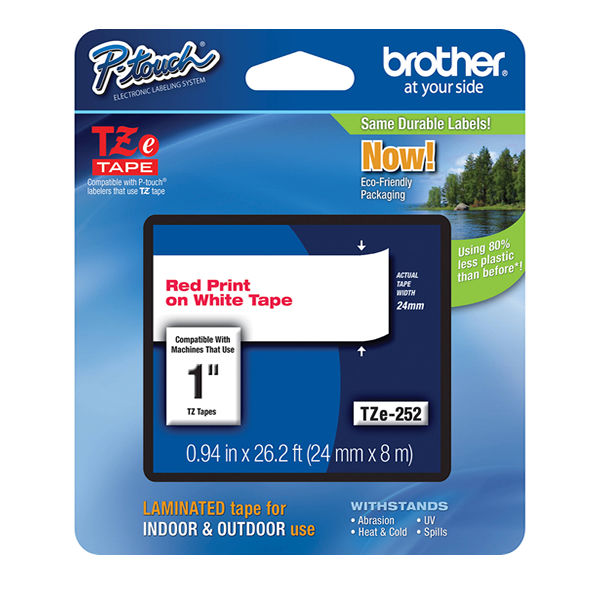 Brother P-Touch TZe Laminated Tape Cassette 24mm x 8m Red on White Tape TZE252
