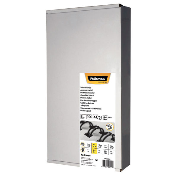 Fellowes Wire Binding Combs 8mm Black (Pack of 100) 53261