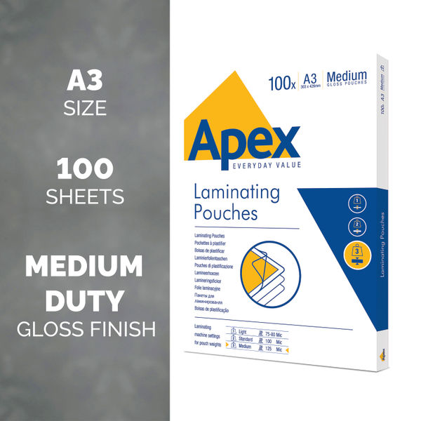 Fellowes A3 Apex Medium Laminating Pouches, Pack of 100 | 6003401