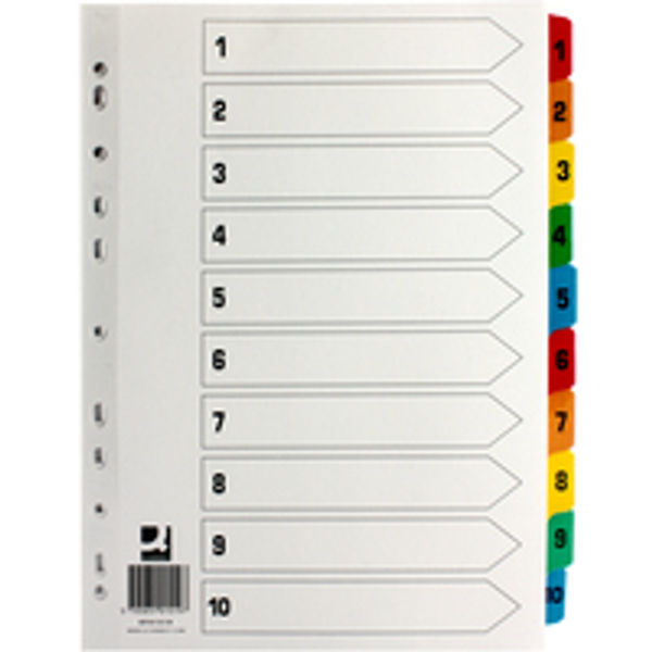 Q-Connect 1-10 Index Multi-punched Reinforced Board Multi-Colour Numbered Tabs A4 White KF01519