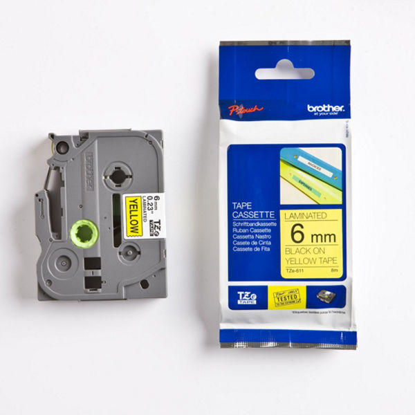 Brother P-Touch TZe Lam Tape Cassette 6mm x 8m Black on Yellow Tape TZE611