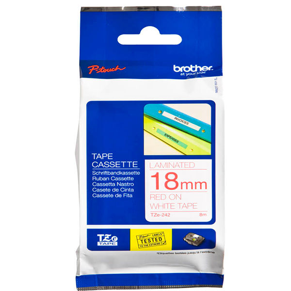 Brother P-Touch 18mm Red on White TZE-242 Labelling Tape