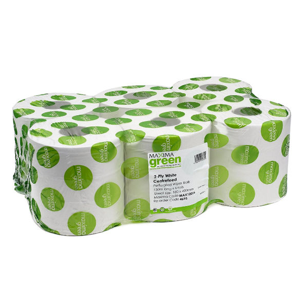Maxima Green 150m White Wiper Centrefeed Rolls, Pack of 6
