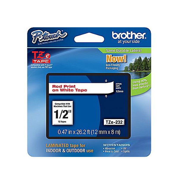 Brother P-Touch TZe Laminated Tape Cassette 12mm x 8m Red on White Tape TZE232