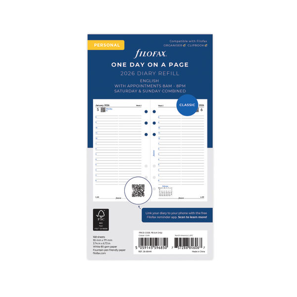 Filofax Refill Personal Day Per Page Appointment 2026 26-68441