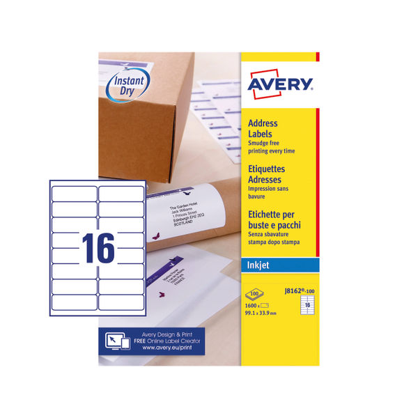 Avery QuickDry Inkjet Address Labels 99.1 x 39.9mm (Pack of 1600) - J8162-100