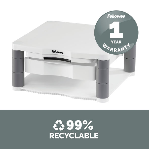 Fellowes Premium Monitor Riser Plus with Storage Drawer and Built In Copyholder White 9171302