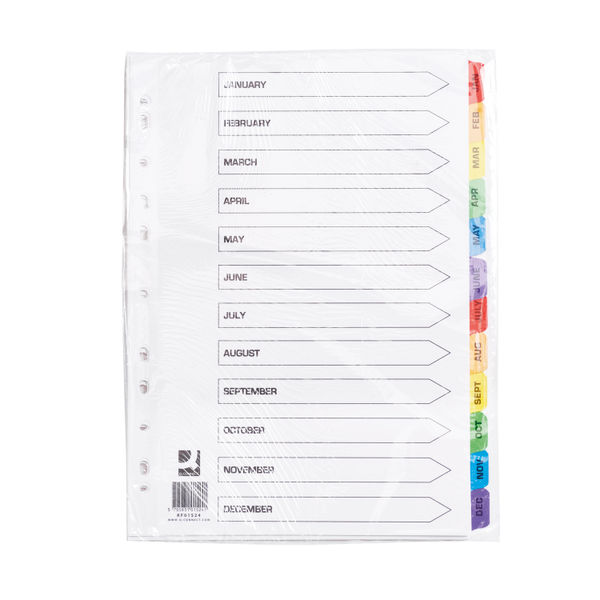 Q-Connect Multi-Punched January-December Reinforced Multi-Colour A4 Index Pre-Printed Tabs KF01524