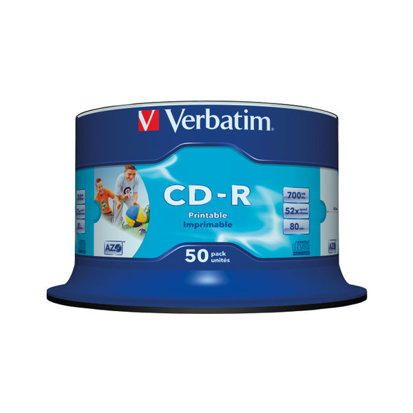 Verbatim CD-R AZO 52x 700MB Wide Inkjet Printable Spindle (Pack of 50) 43438