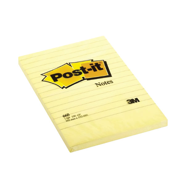 Post-it 101 x 152mm Canary Yellow Lined Notes, Pack of 6