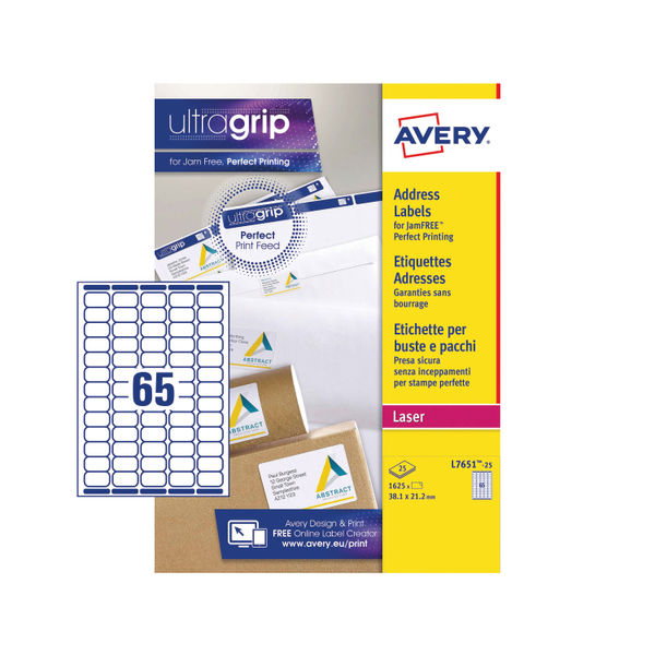 Avery White 38.1 x 21.2mm Mini Laser Labels, Pack of 1625 - L7651-25