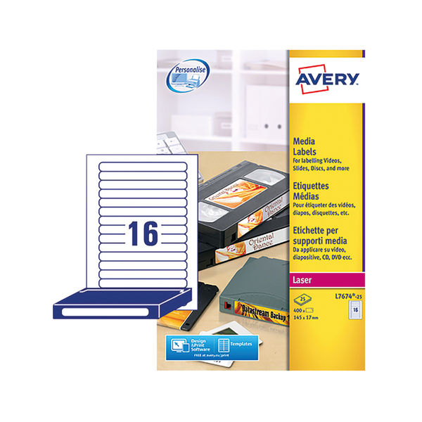 Avery Video Spine Label 145x17mm 16 Per Sheet White (400 Pack) L7674-25