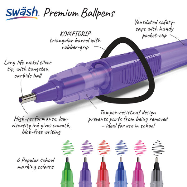 Swash Triangular Ballpoint Pens with Rubber Grip 40 Pink + 3 Purple (Pack of 43) BBT40PK