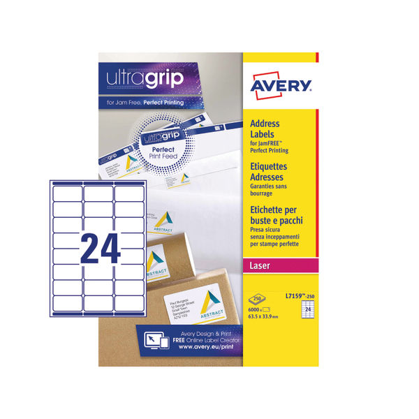Avery 63.5 x 33.9mm Ultragrip Laser Labels, Pack of 6000 | L7159-250