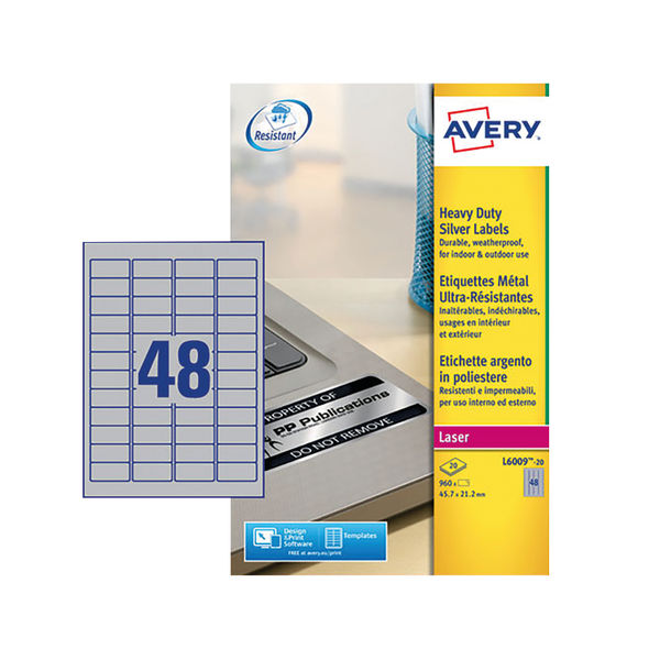 Avery Heavy Duty Silver Address Labels 45.7 x 21.2mm (Pack of 960)  L6009-20