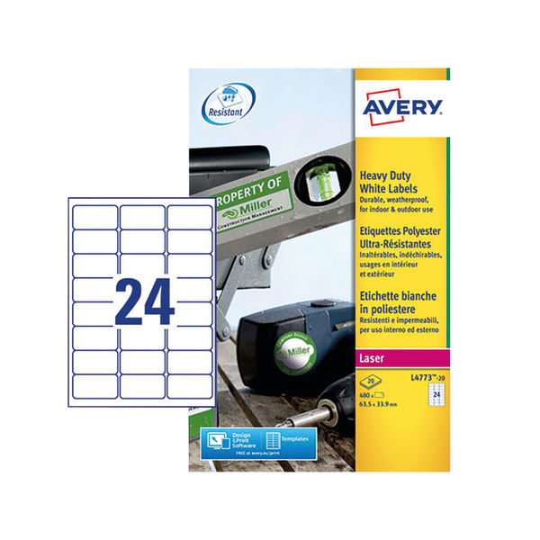 Avery White 64 x 34mm Heavy Duty Laser Labels, Pack of 480 | L4773-20