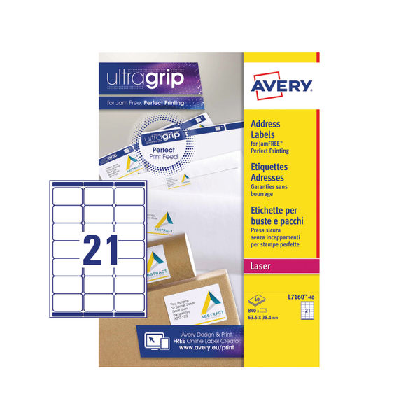 Avery 63.5 x 38.1mm Ultragrip Laser Labels, Pack of 840 | L7160-40