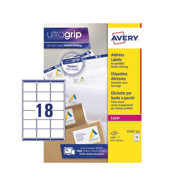 Avery White 63.5 x 46.6mm Ultragrip Laser Labels, Pack of 4500 - L7161-250