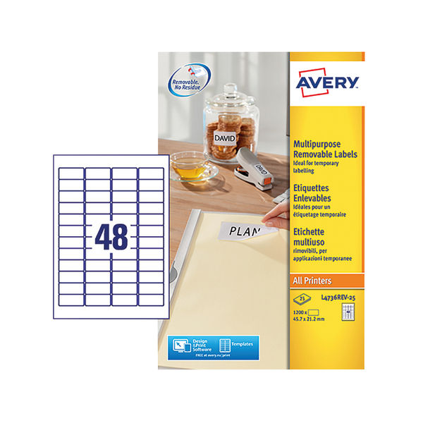Avery Removeable Laser Labels White 48 Labels/Sheet Pack25 | L4736REV-25