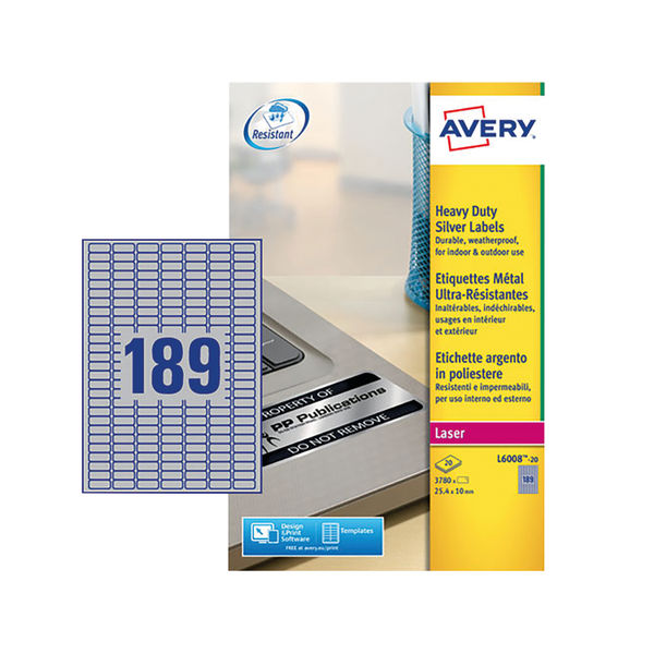 Avery Heavy Duty Silver Address Labels 25.4 x 10mm (Pack of 3780) - L6008-20