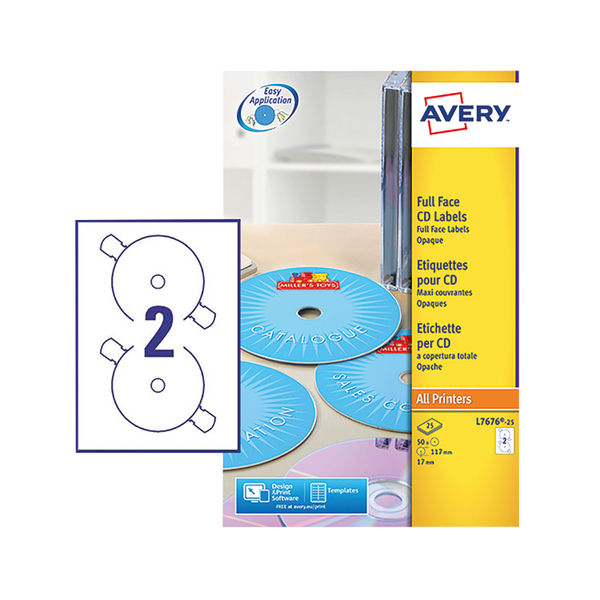 Avery Laser CD/DVD Full Face Label 2 Per Sht Wht (Pack of 50) L7676-25