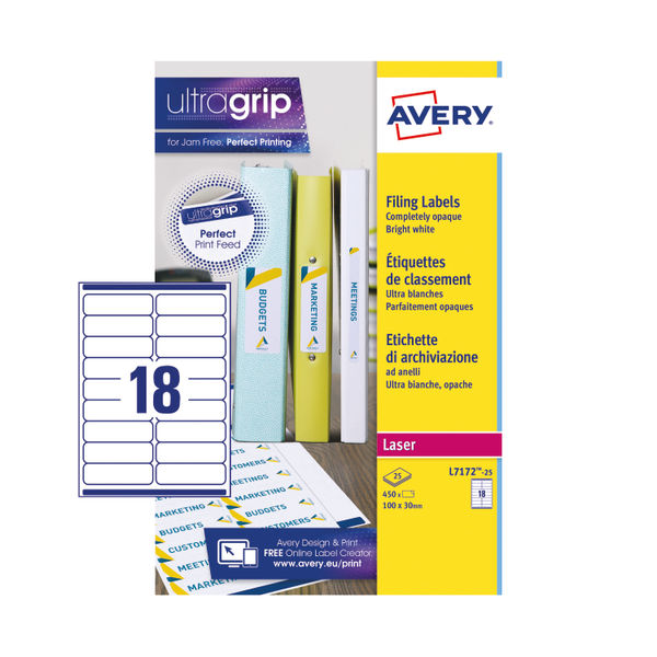 Avery White Filing Ring Binder Labels 100 x 30mm (Pack of 450) - L7172-25