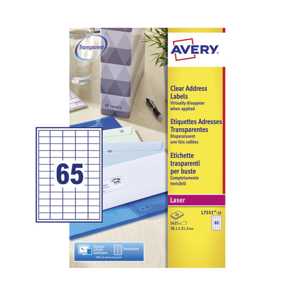 Avery Laser Labels 38x21mm 65 Per Sheet Clear (Pack of 1625) L7551-25