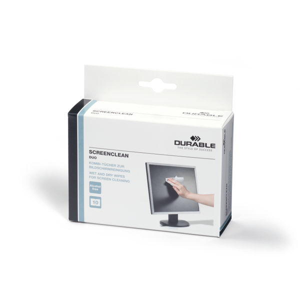 Durable Screenclean Duo Wet and Dry Wipe Set Individually Wrapped (Pack of 10) 572102