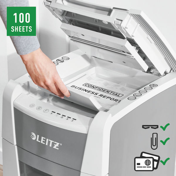 Leitz IQ Autofeed Small Office 100 Automatic Cross-Cut Paper Shredder P-4 White 80111000