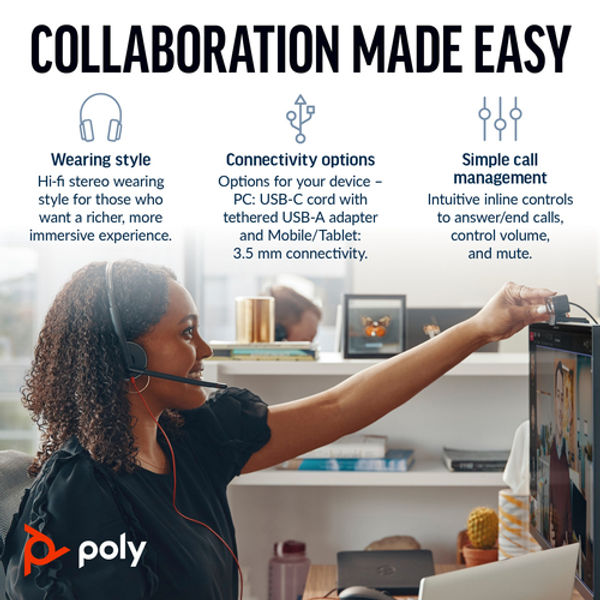Poly Blackwire 3225 Stereo UC USB-C/A +3.5mm Headset 8X229AA