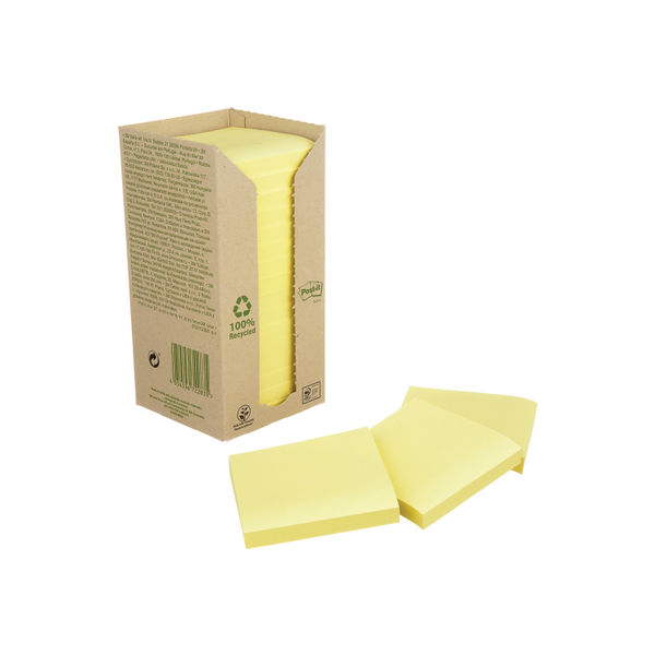 Post-it 76 x 76mm Canary Yellow Recycled Notes, Pack of 16 | 654-1T