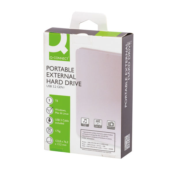 Q-Connect Portable External Hard Drive 1TB with USB Cable Silver KF18083