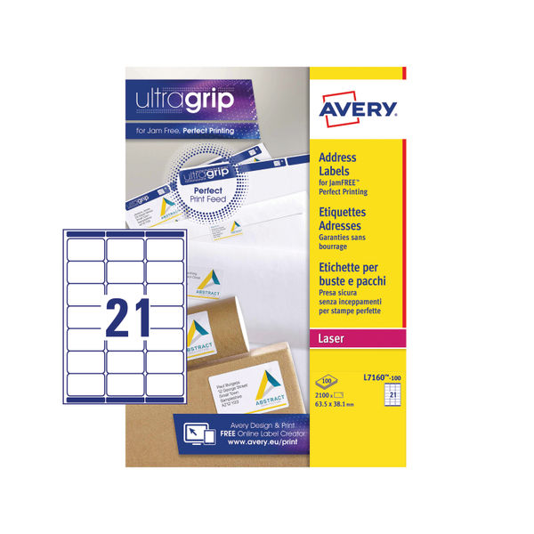 Avery Ultragrip Laser Address Labels QuickPEEL 63.5x38.1mm 21 Per Sheet Wht (Pack of 2100) L7160-100