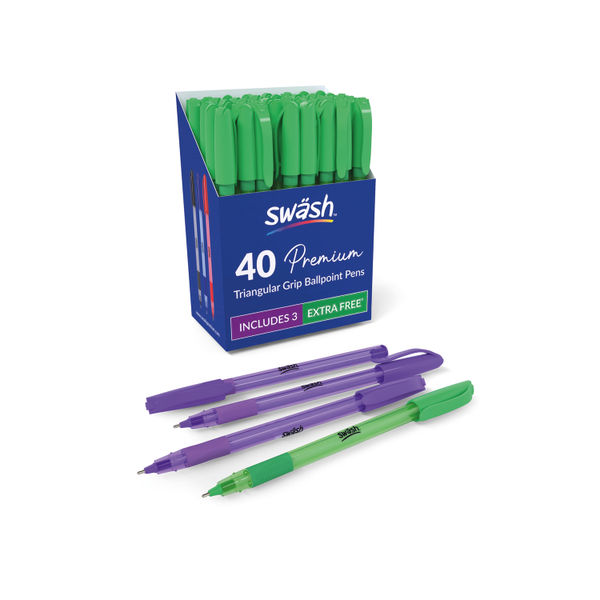 Swash Triangular Ballpoint Pens with Rubber Grip 40 Green + 3 Purple (Pack of 43) BBT40GN