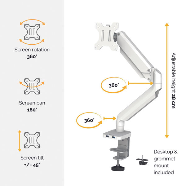 Fellowes Platinum Series Single Monitor Arm White 8056201