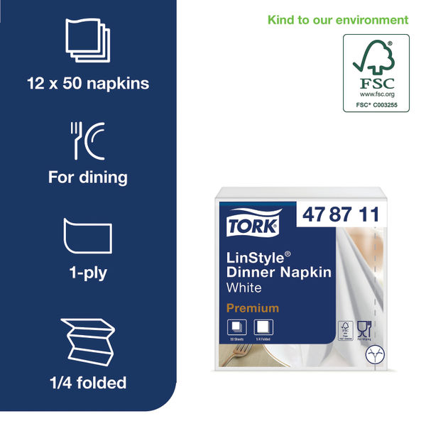 Tork LinStyle Dinner Napkins 4 Fold White (Pack of 50) 478711