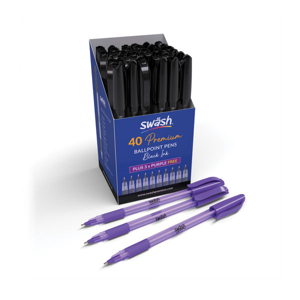 Swash Triangular Ballpoint Pens Rubber-Grip Black (Pack of 40) + 3 Free Purple BBT40BK