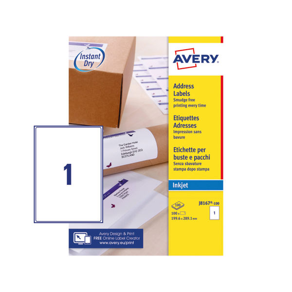 Avery Inkjet Label 199.6x289.1mm 1 Per Sheet Wht (Pack of 100) J8167-100