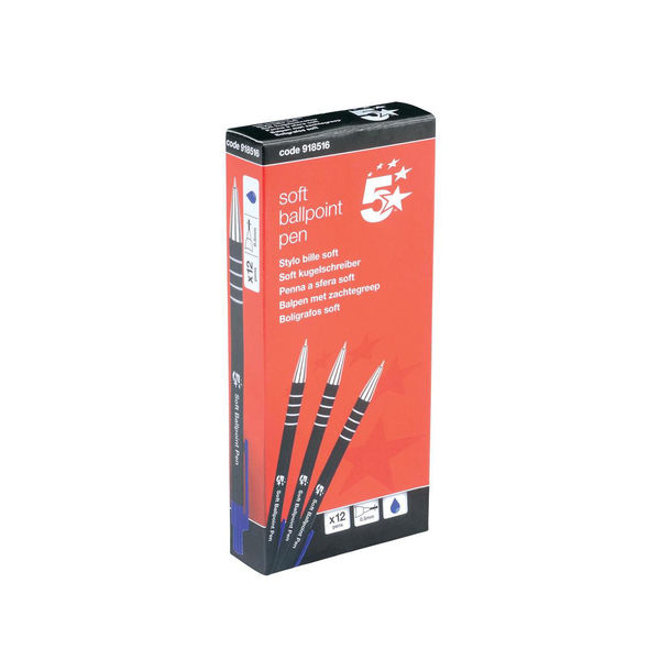 5 Star Office Retractable Ball Pen Soft Grip Medium 1mm Tip 0.5mm Line Blue (Pack of 12)