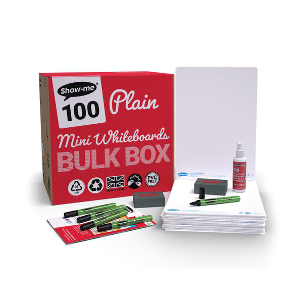 Show-me StayClean A4 Whiteboards Plain/Plain (100 boards, pens and erasers + Free cleaners) B/SMB